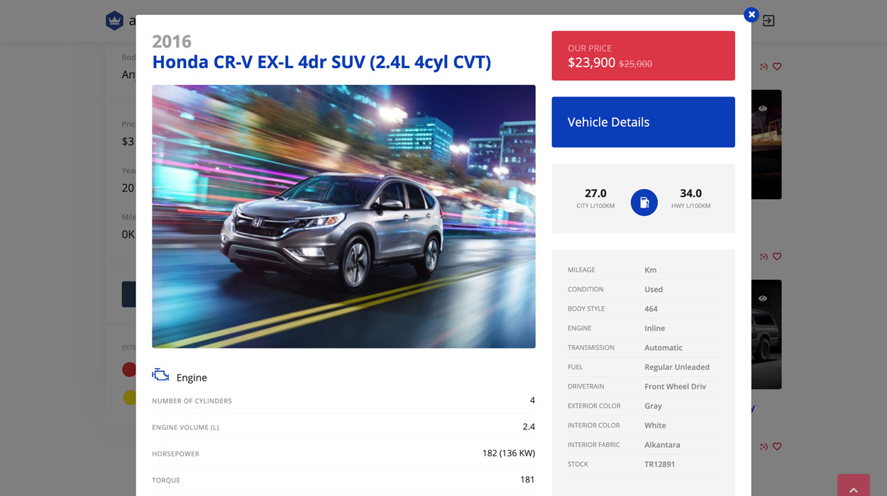 The car quick view popup, showing a vehicle's photo, price and main details.