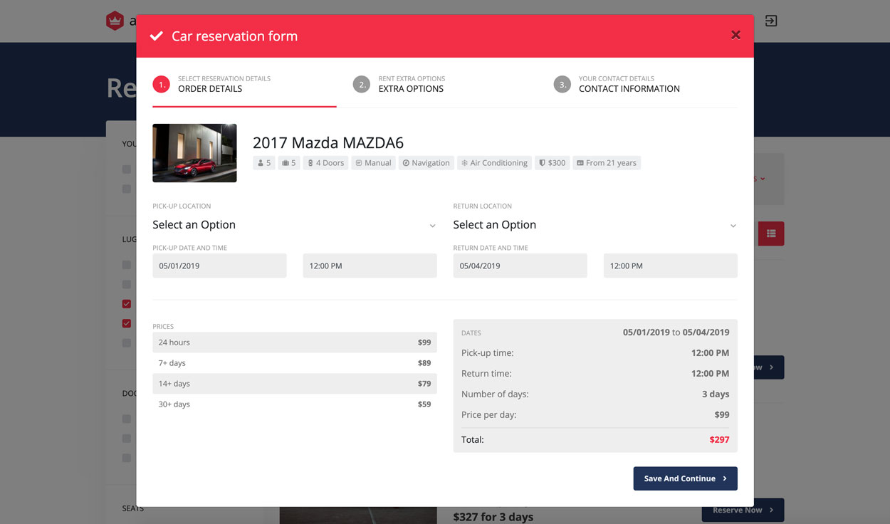 The car reservation popup, with the pick-up and return details, prices and the total for the selected dates.