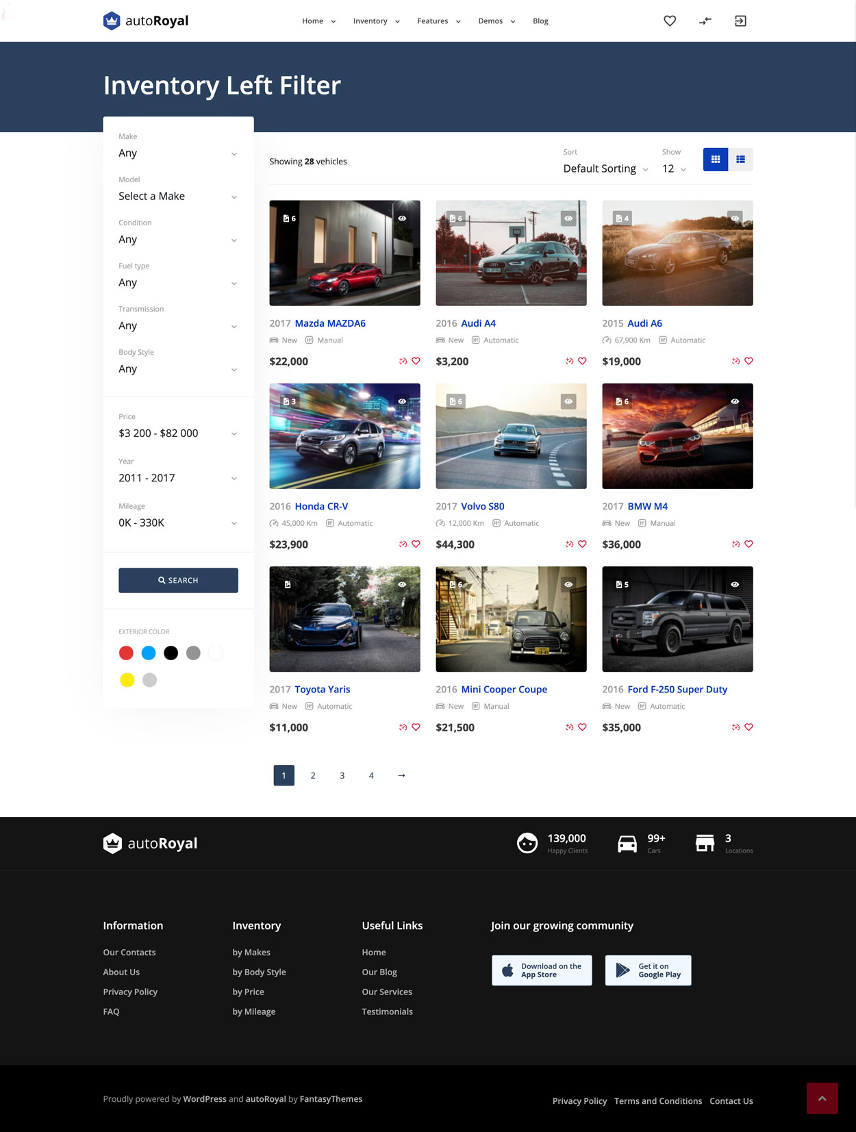The all cars page, with a search filter on the left and a grid of vehicle blocks, each with a price, a quick view icon and a heart icon.
