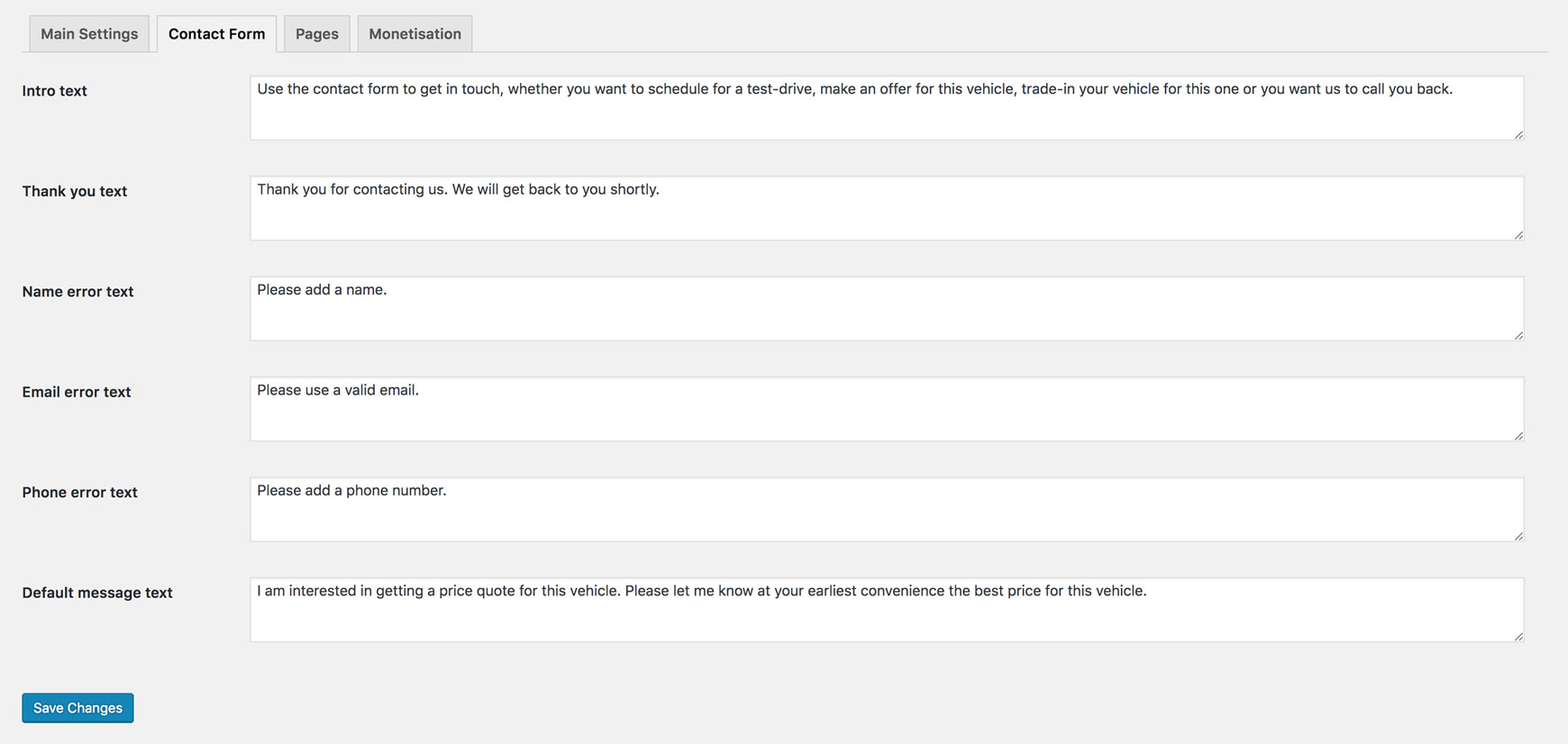 The Contact Form tab, with text fields for the intro, thank you, error and default message texts.