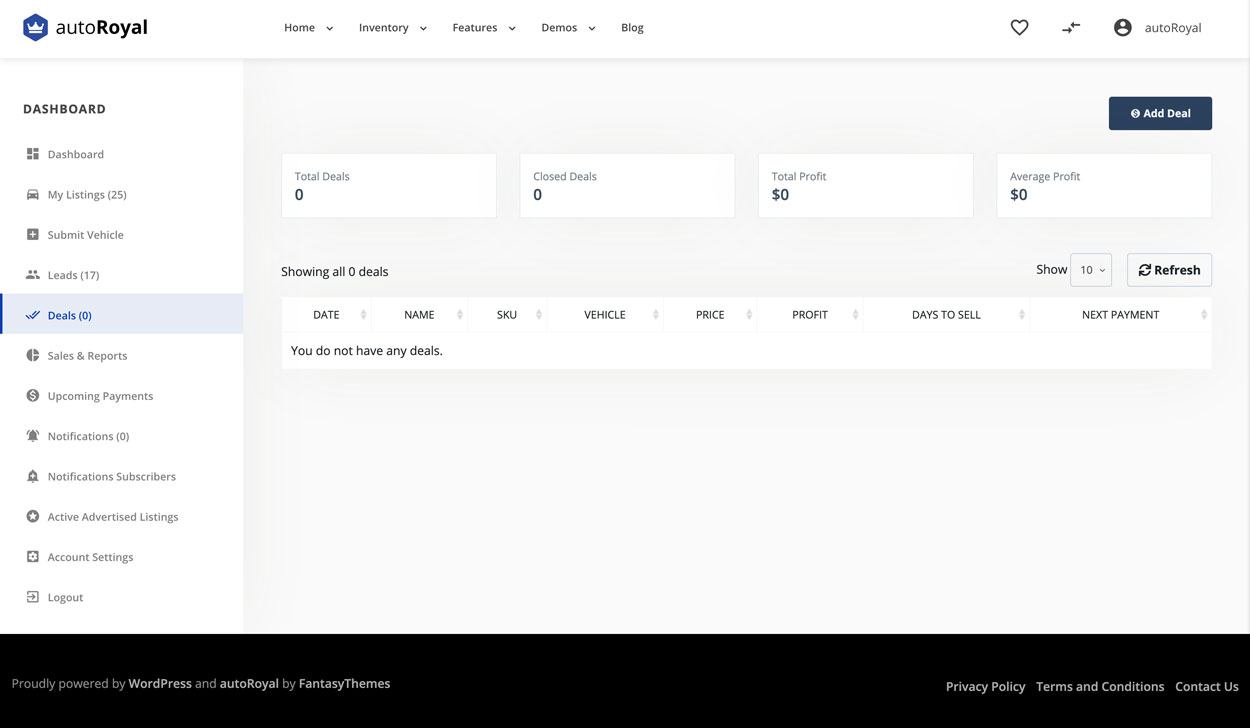 The deals page, with deal totals, an Add Deal button and a sortable table of deals.