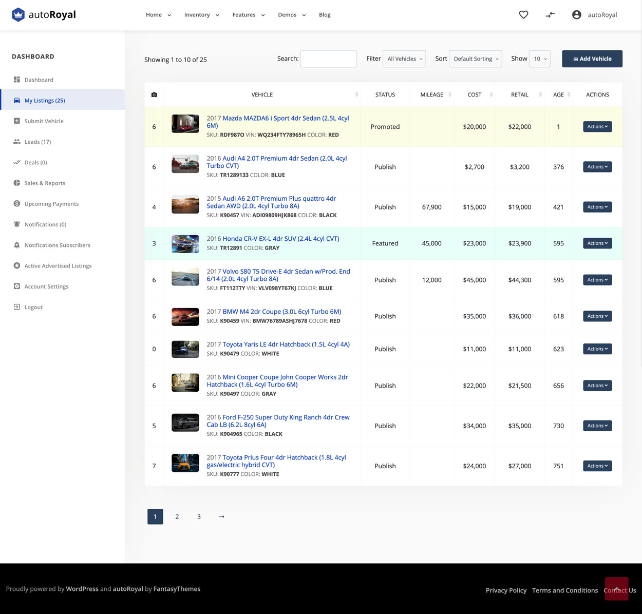 The inventory page, a table of vehicles with their status, mileage, cost, retail price, age and an Actions menu.
