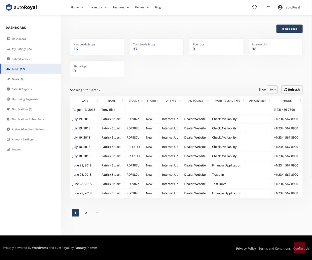 The leads page, with lead totals, an Add Lead button and a sortable table of leads.