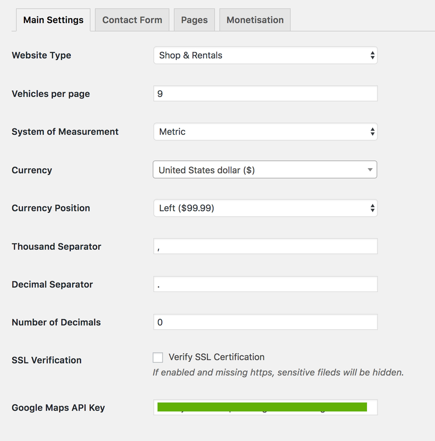 The Main Settings tab, with fields for the website type, system of measurement, currency, separators, SSL verification and Google Maps API key.