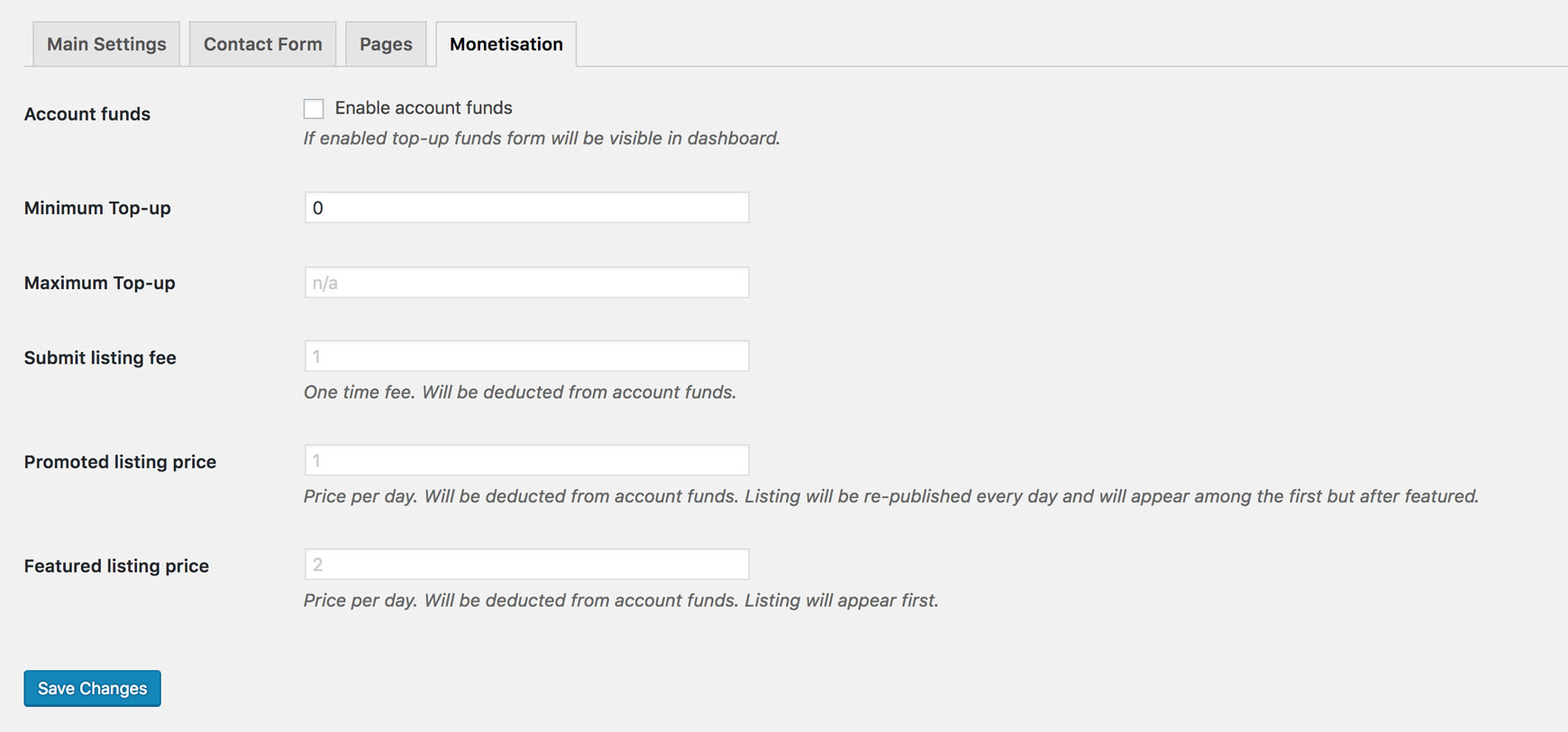 The Monetisation tab of the autoRoyal settings, with the account funds option and the fields for the submit, promoted and featured listing prices.