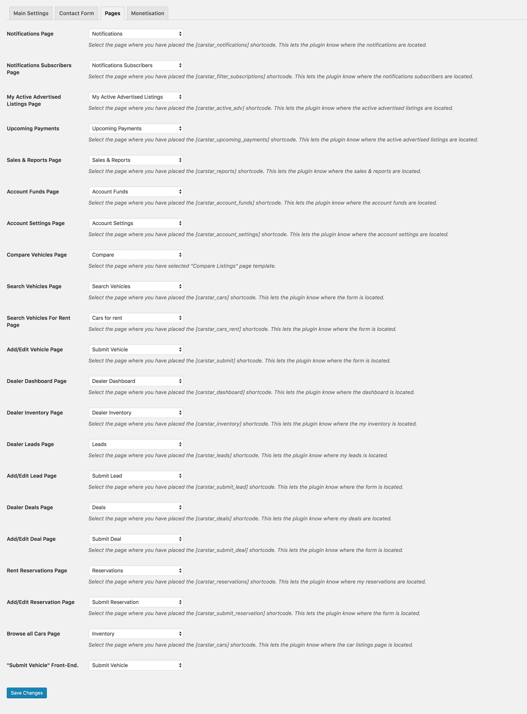 The Pages tab, with a drop-down list for choosing the page used in each place.
