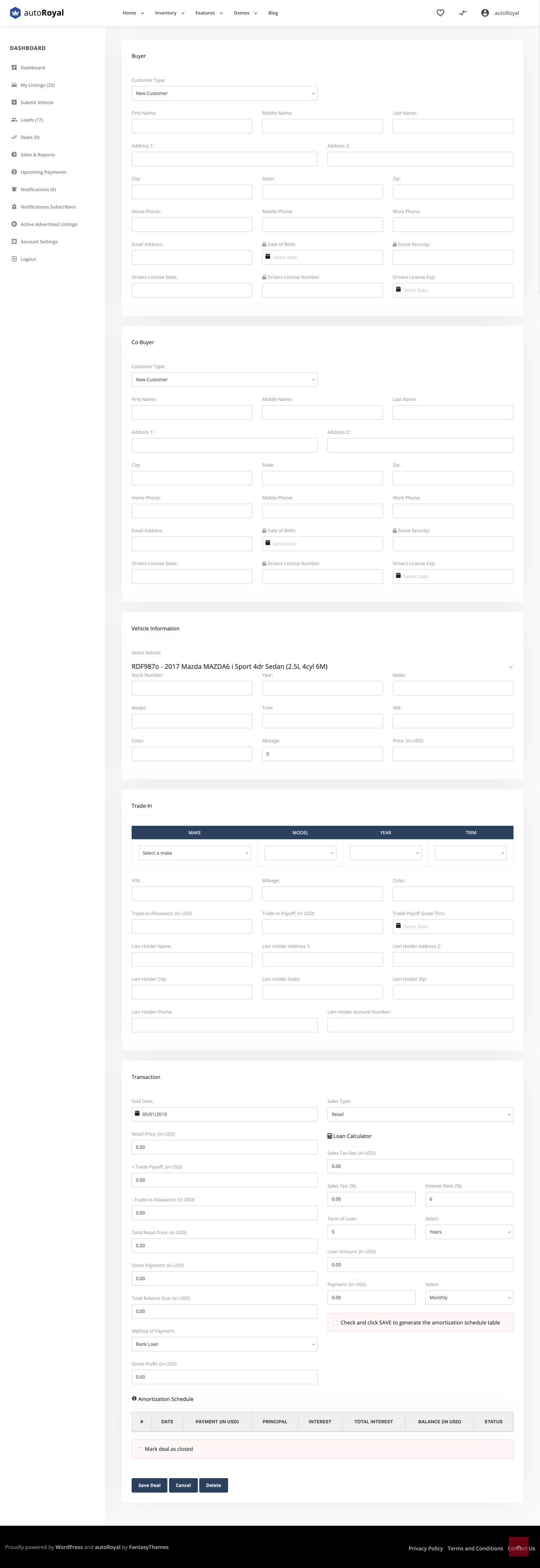 The submit or edit deal form, with sections for the buyer, co-buyer, vehicle, trade-in and transaction, including the loan calculator and Amortization Schedule table.