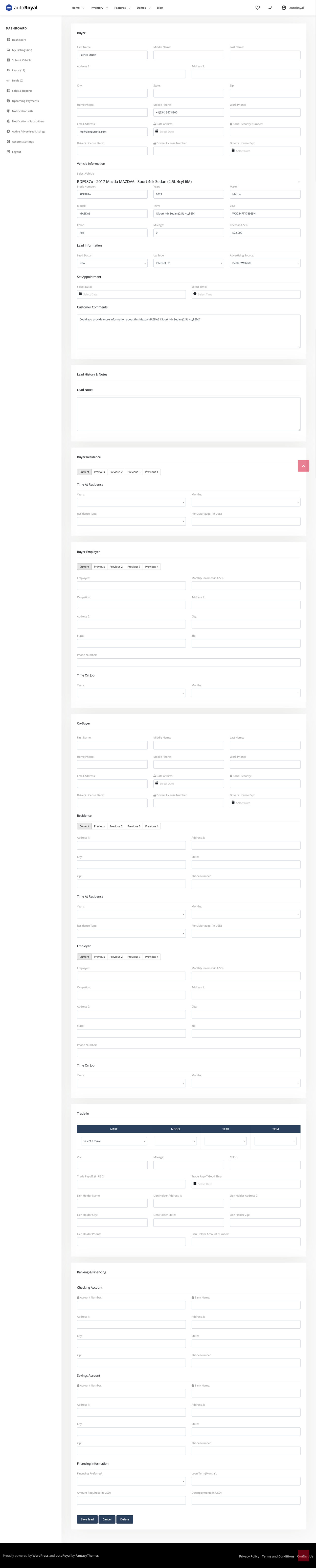 The submit or edit lead form, with sections for the buyer, vehicle, lead information, residence, employer, co-buyer, trade-in and financing.