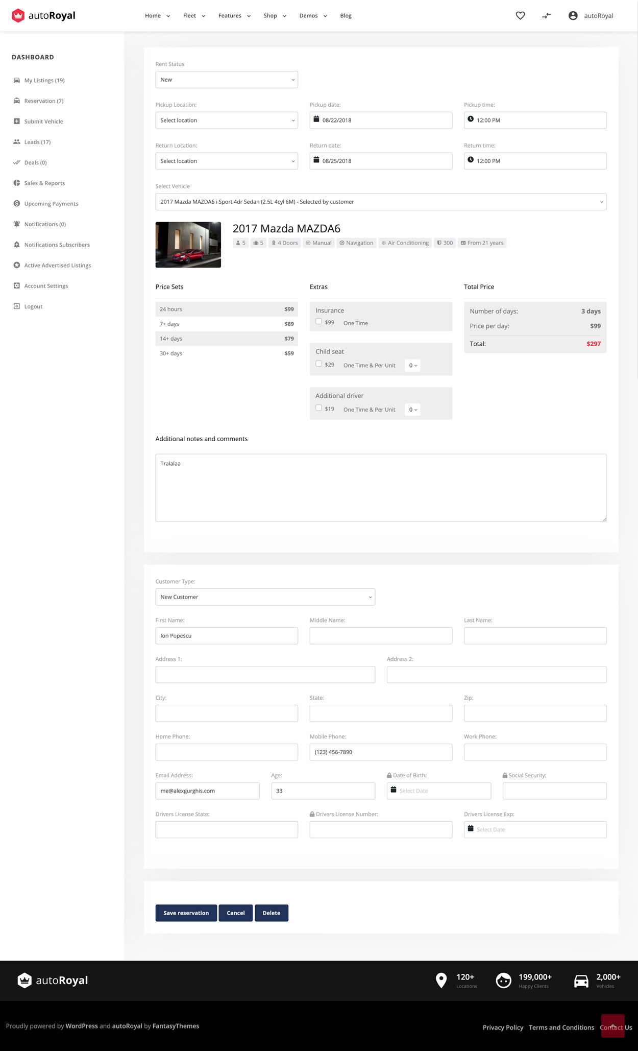 The submit or edit reservation form, with the pick-up and return details, the selected vehicle, prices, extras and customer details.