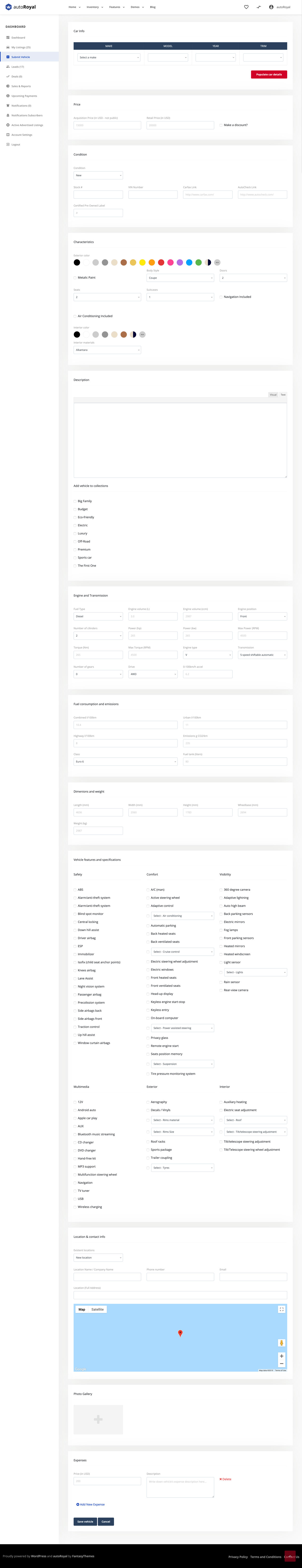 The submit vehicle form, with sections for car info, price, condition, characteristics, description, features, location, photo gallery and expenses.