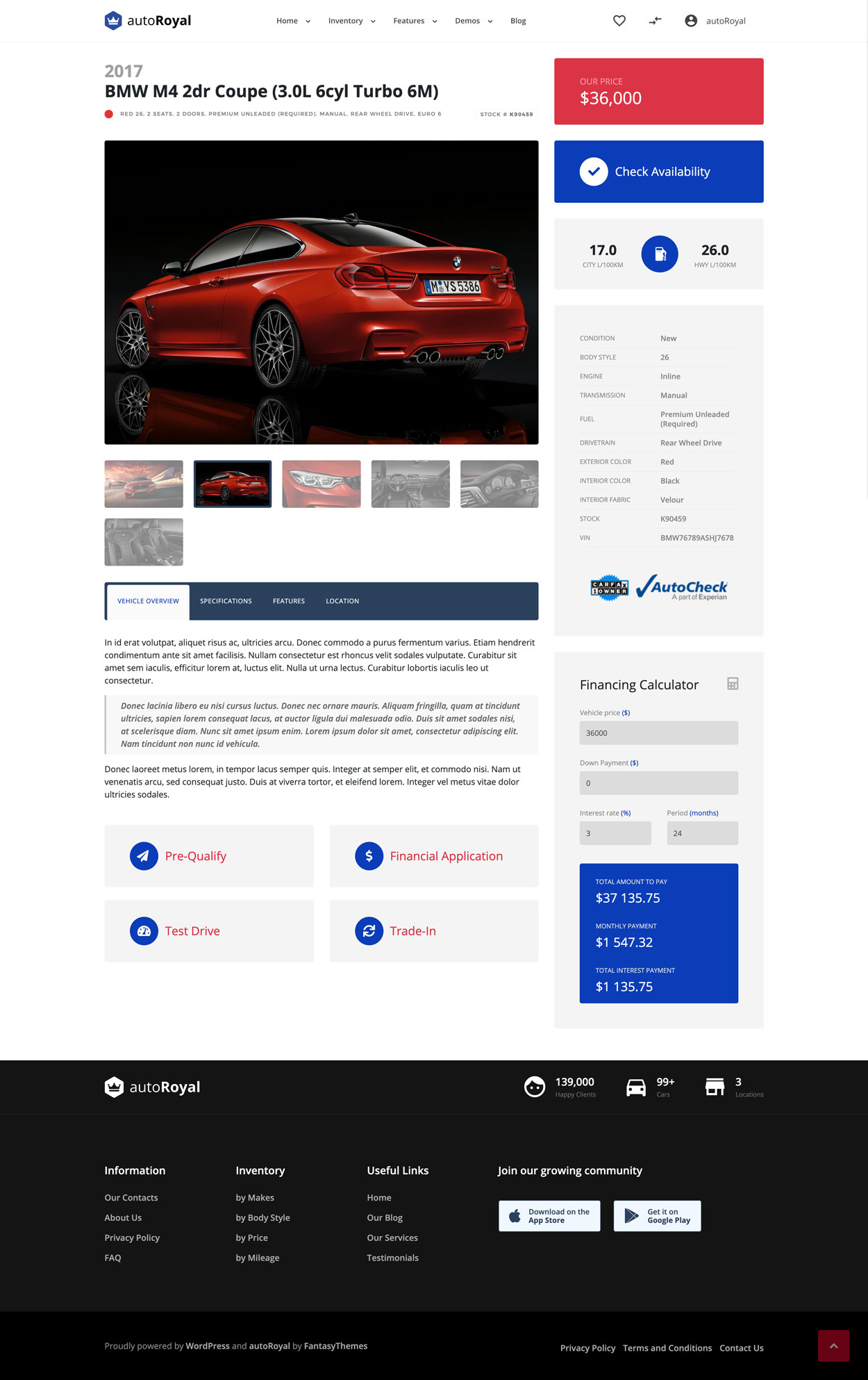 A vehicle single page, with photos, the price, vehicle details, a financing calculator and the four form buttons at the bottom.