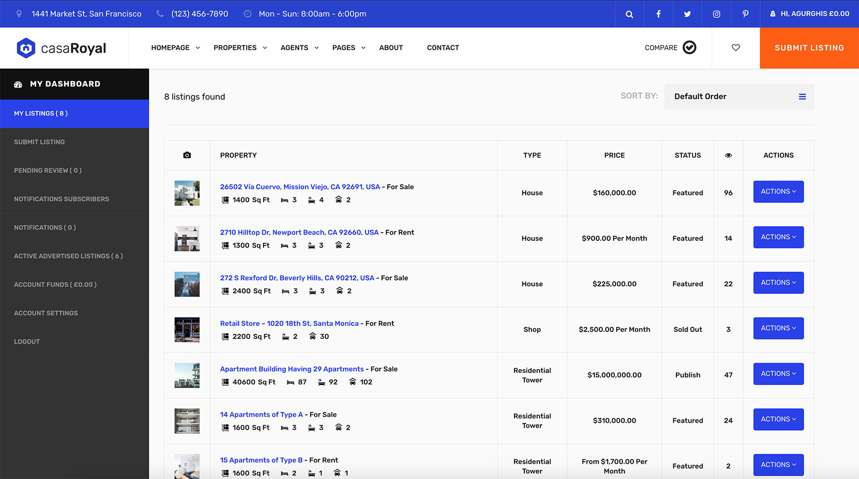 My Listings page in the front-end dashboard, with a table of listings and an Actions button for each