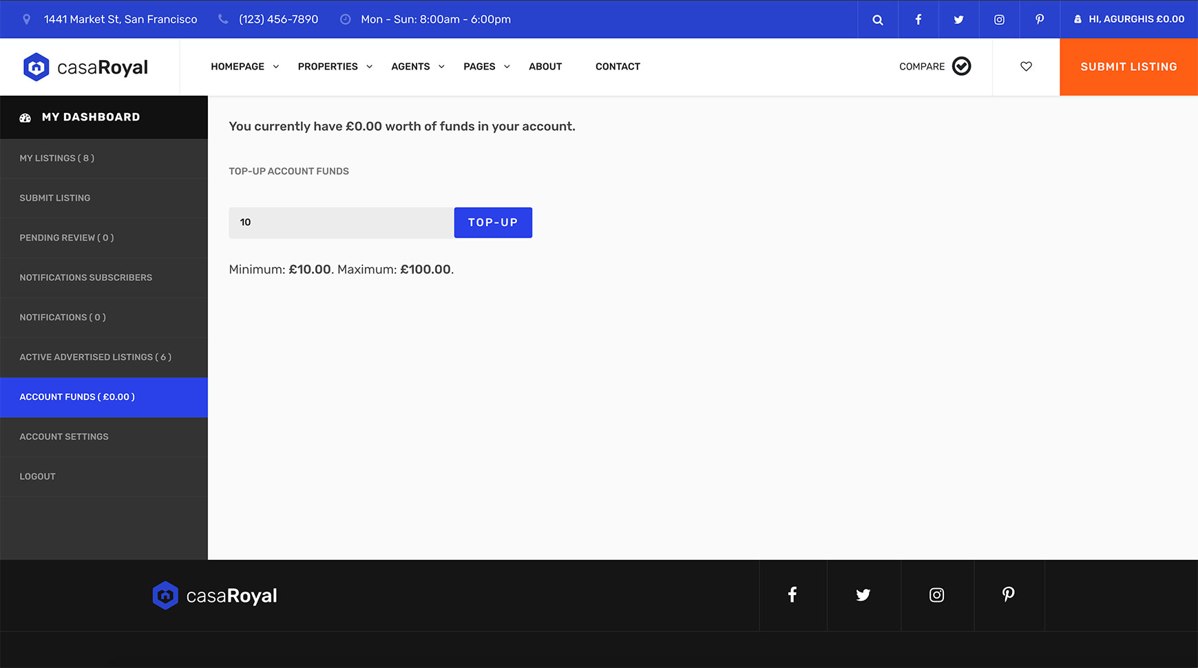 Account Funds page with the current balance, a top-up amount field and a Top-up button