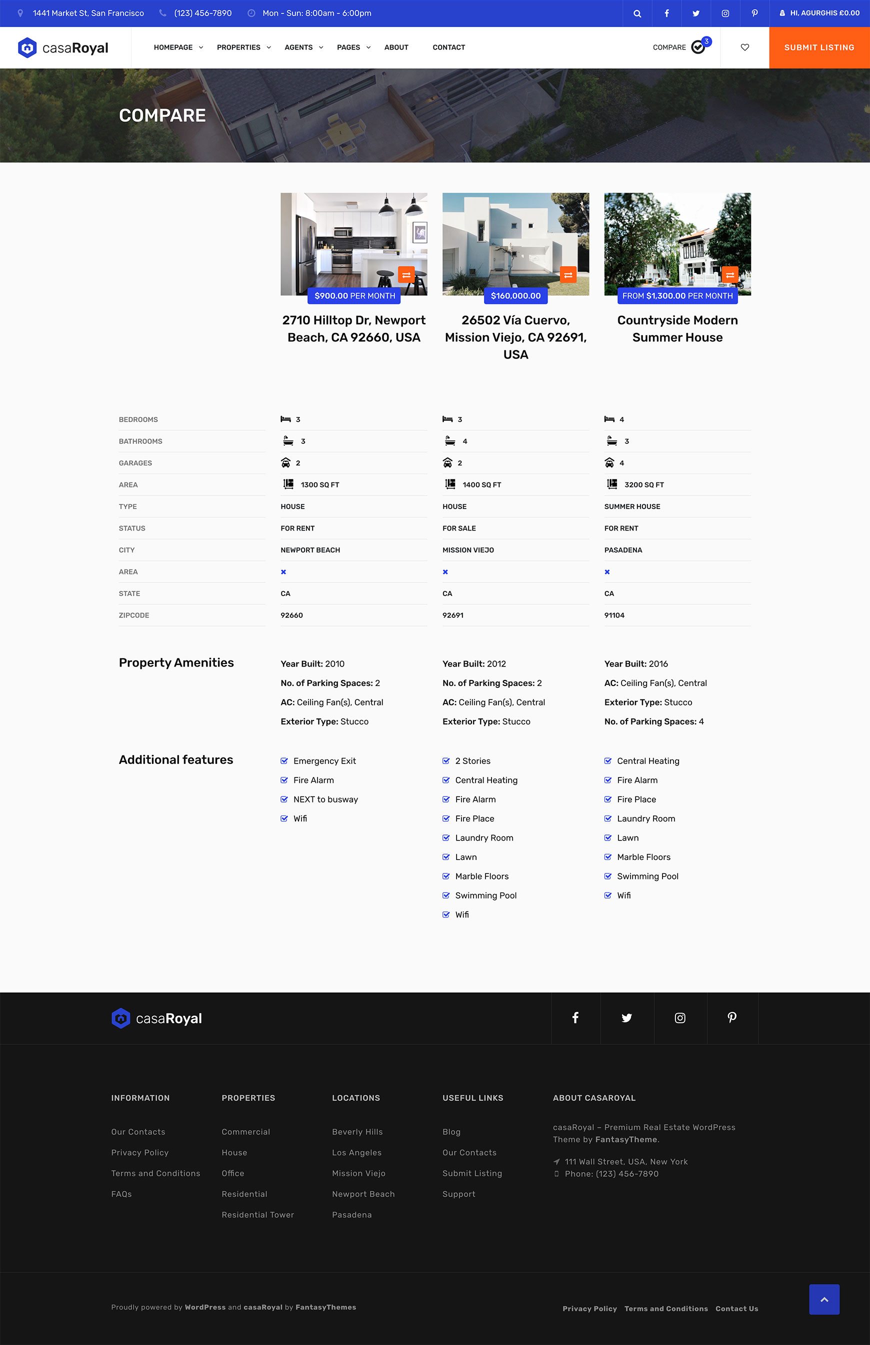 Compare page with three properties side by side, comparing their details, amenities and additional features