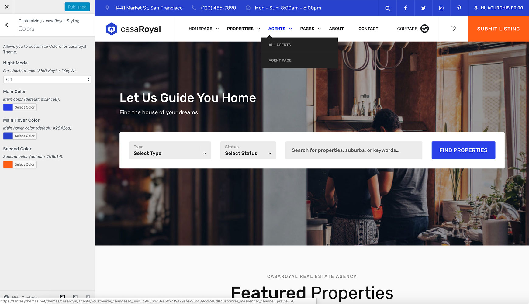 Colors panel with Night Mode, Main Color, Main Hover Color and Second Color options