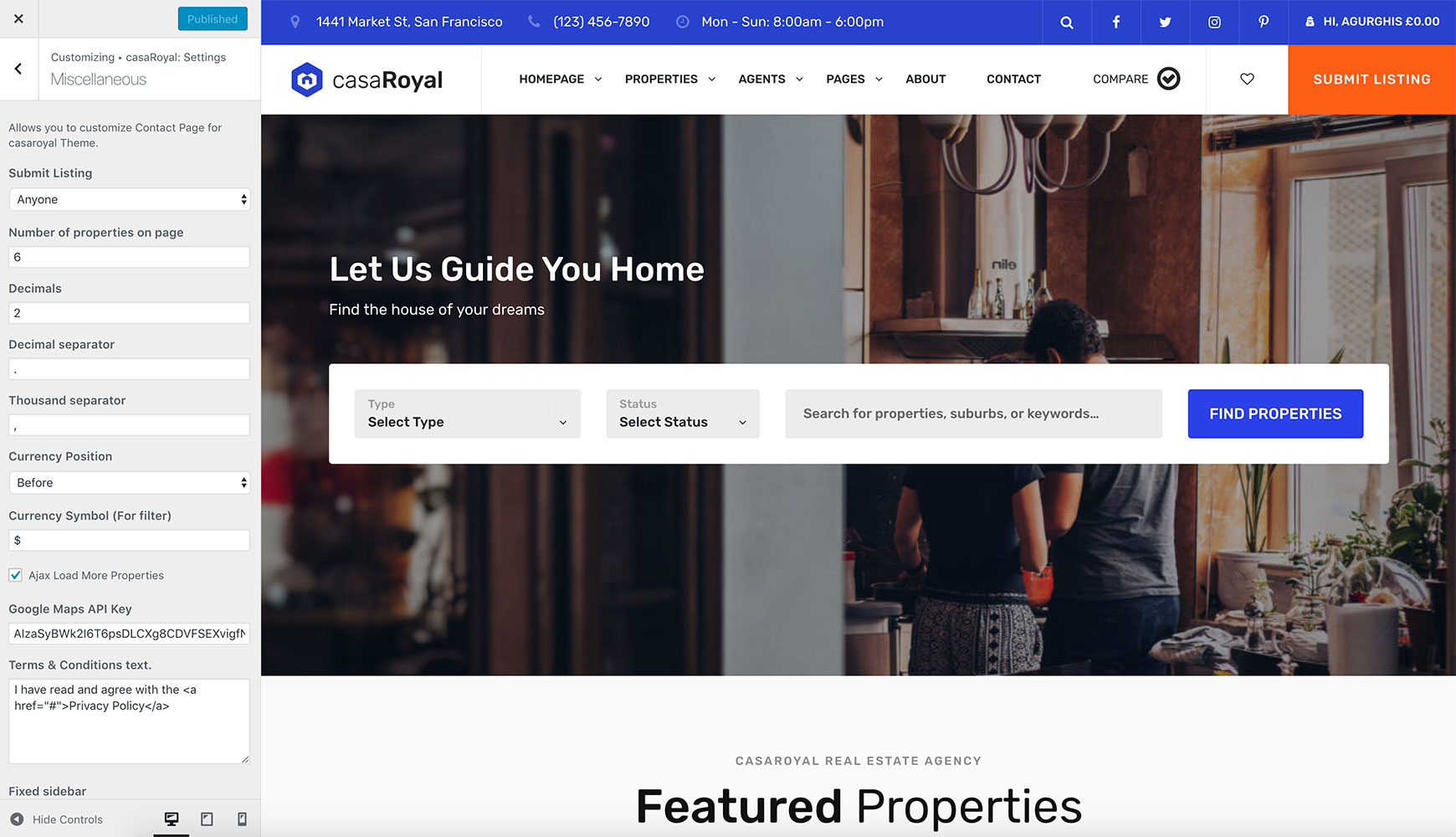 Miscellaneous panel with Submit Listing, Number of properties on page, number format, currency and Google Maps API Key options