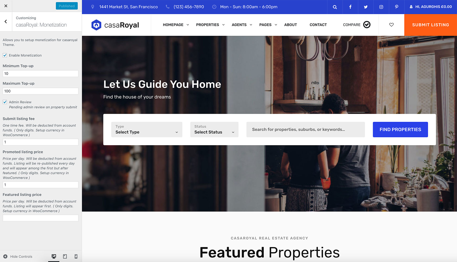 casaRoyal: Monetization panel in the Customizer with Enable Monetization, top-up limits, Admin Review, and listing fee and price fields