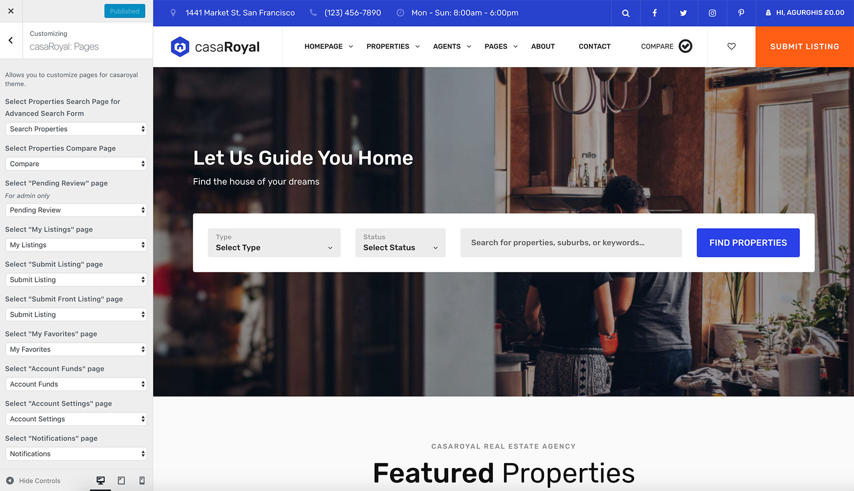 casaRoyal: Pages panel in the Customizer with a dropdown to select each required page