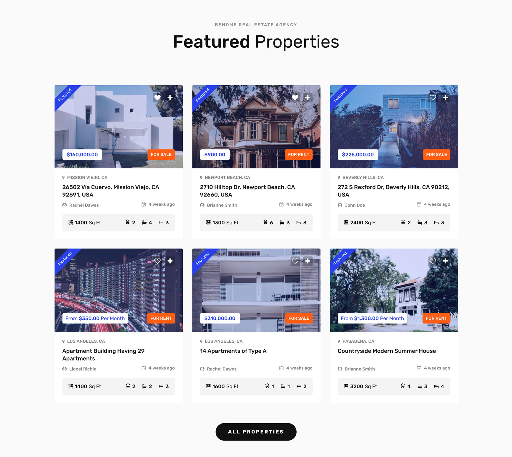 Featured Properties grid on the homepage, with a Featured ribbon on each property card