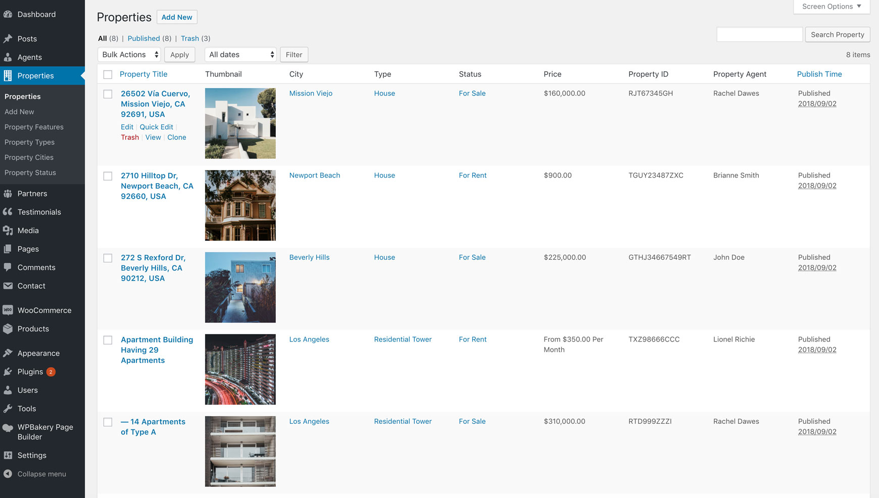 Properties list in the WordPress admin