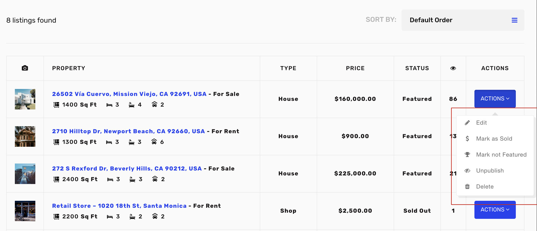 Actions menu of a listing with Edit, Mark as Sold, Mark not Featured, Unpublish and Delete