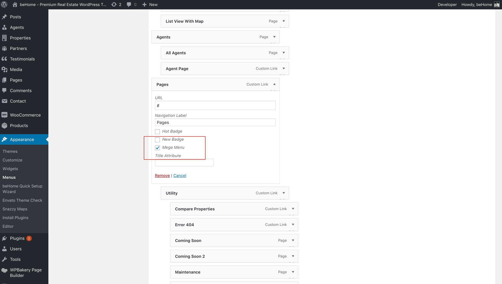 Menu item settings in the WordPress menu editor with the Mega Menu checkbox ticked