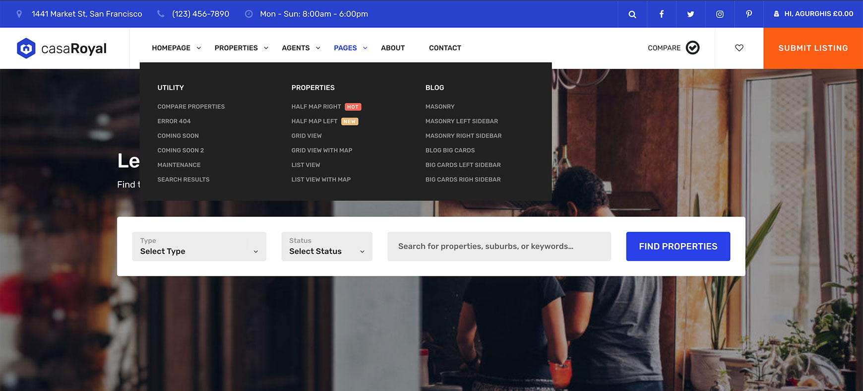 Mega menu open on the front end, showing three columns of links under the Pages menu item