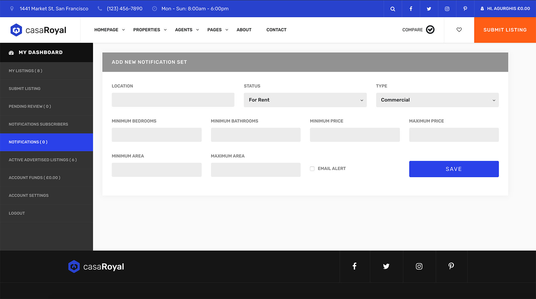 Notifications page with the Add New Notification Set form, with location, status, type, bedroom, bathroom, price and area filters and an Email Alert checkbox