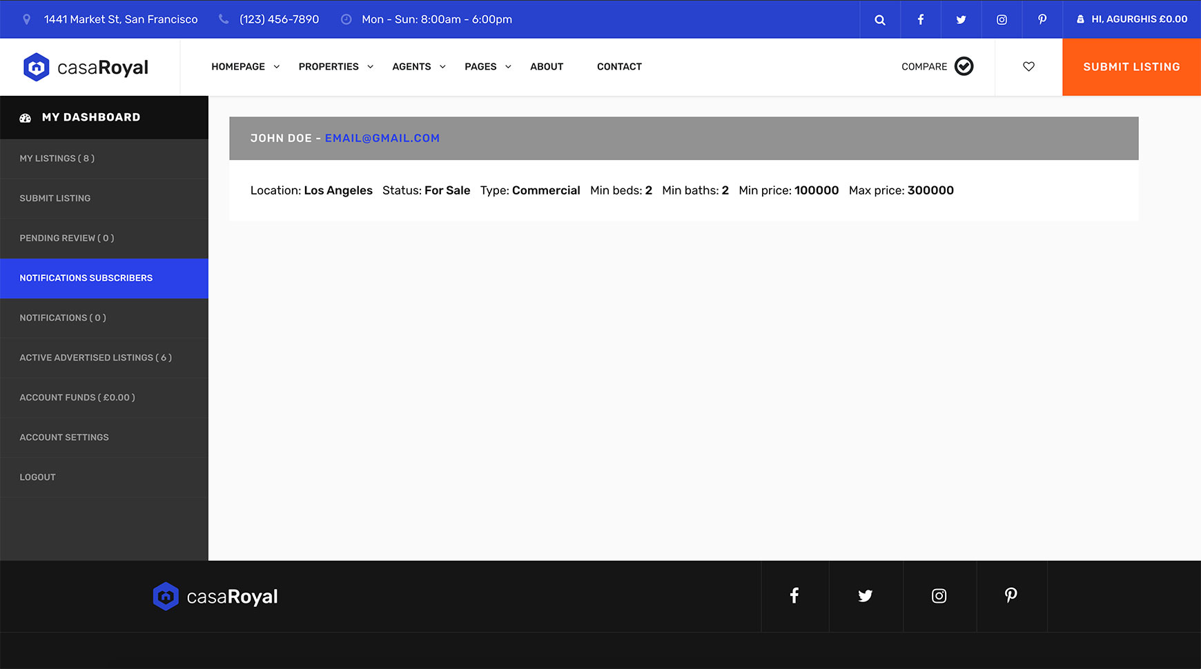 Notifications Subscribers page showing a subscriber and the filter set they saved