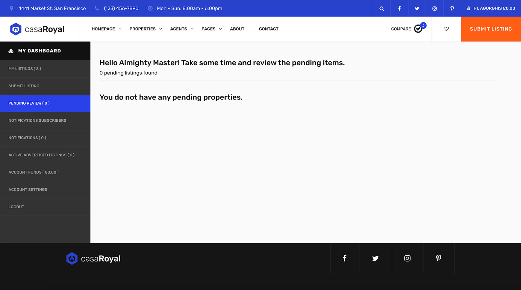 Pending Review page in the front-end dashboard, showing no pending listings