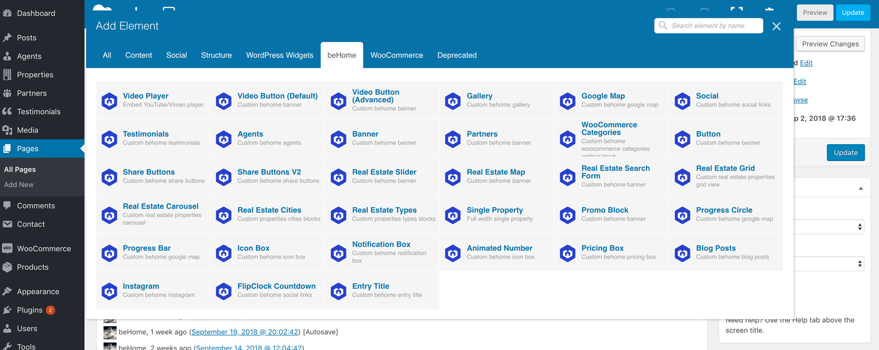 Visual Composer Add Element window showing the shortcodes that come with the theme