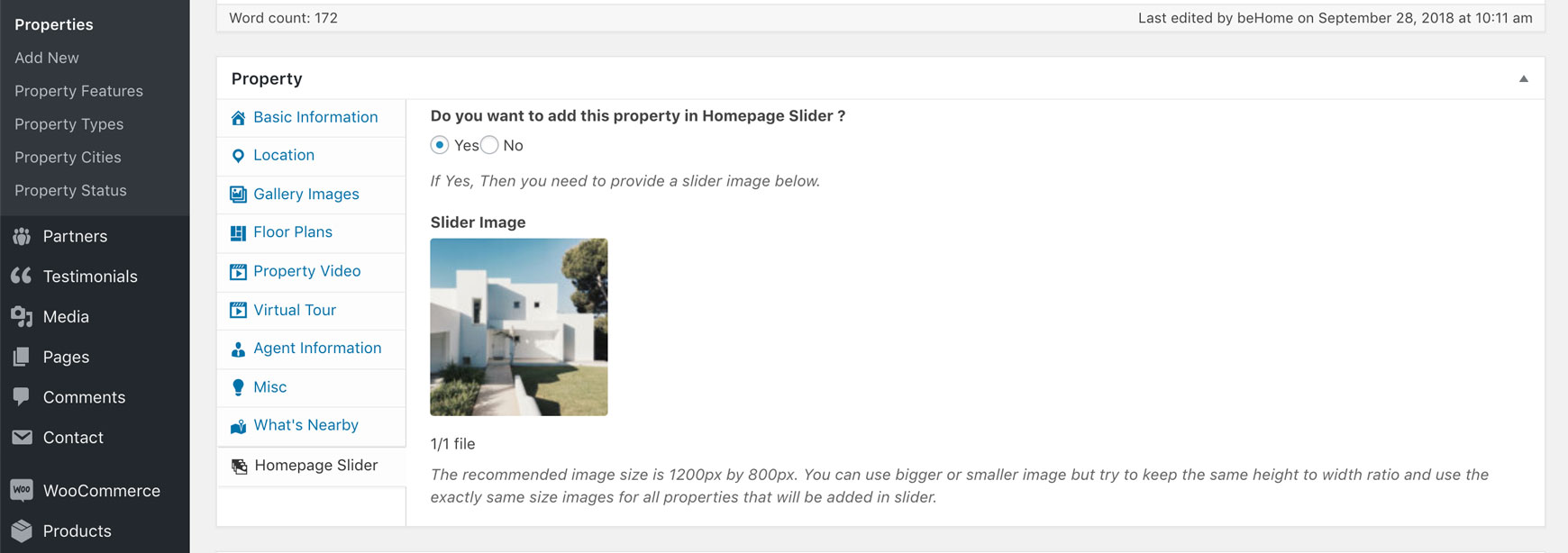 Homepage Slider tab of the Property box, with Yes selected and a slider image chosen