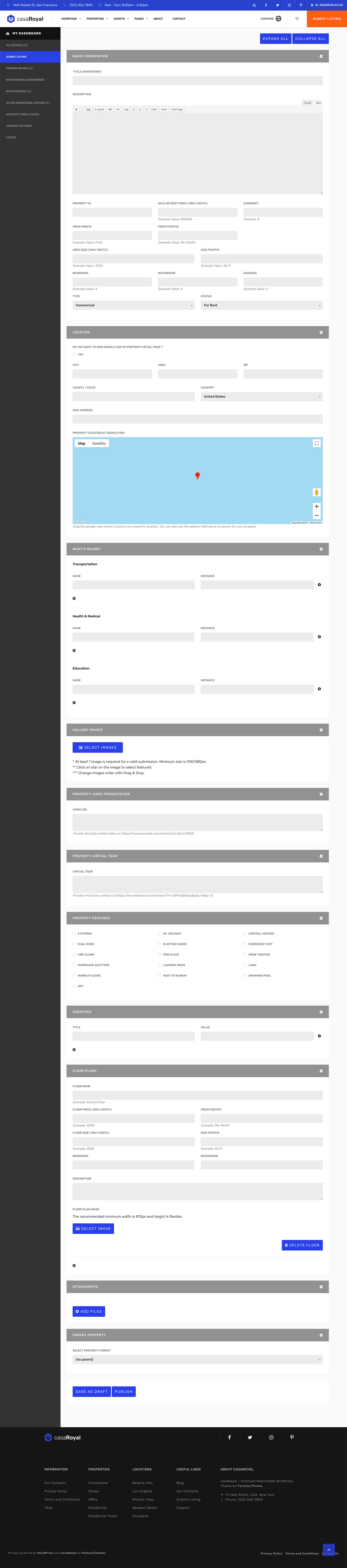 Submit Listing form in the front-end dashboard, with sections from Basic Information and Location to Floor Plans and Attachments