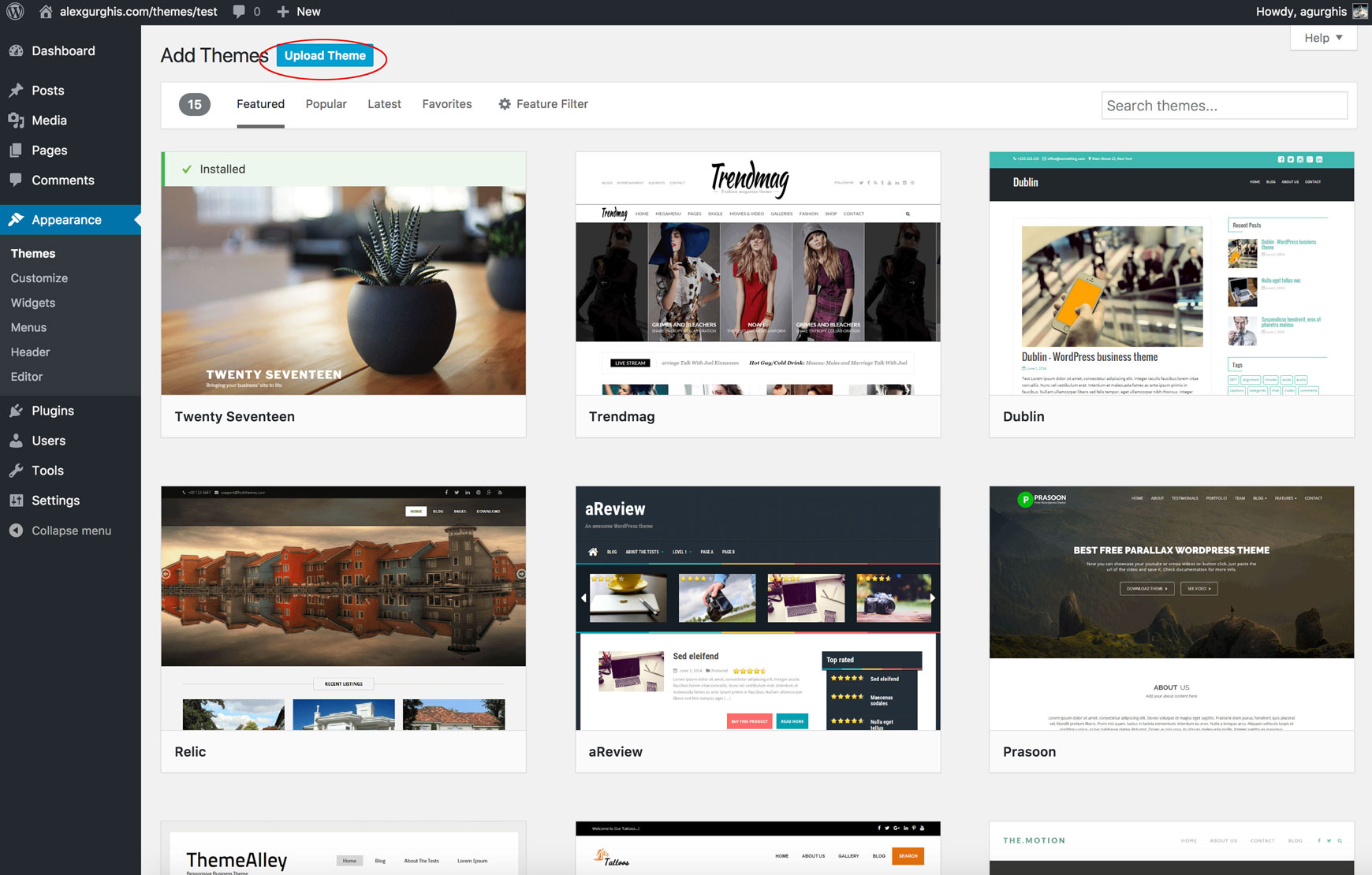 Add Themes screen with the Upload Theme button highlighted