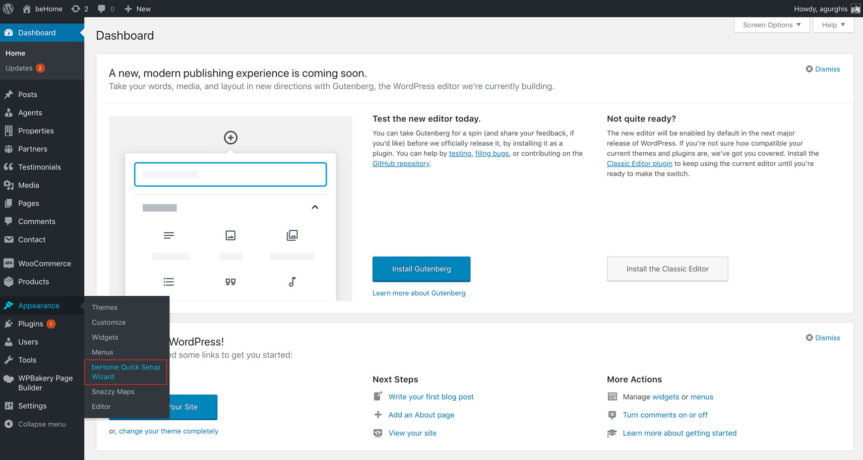 WordPress Appearance menu with the Quick Setup Wizard item highlighted