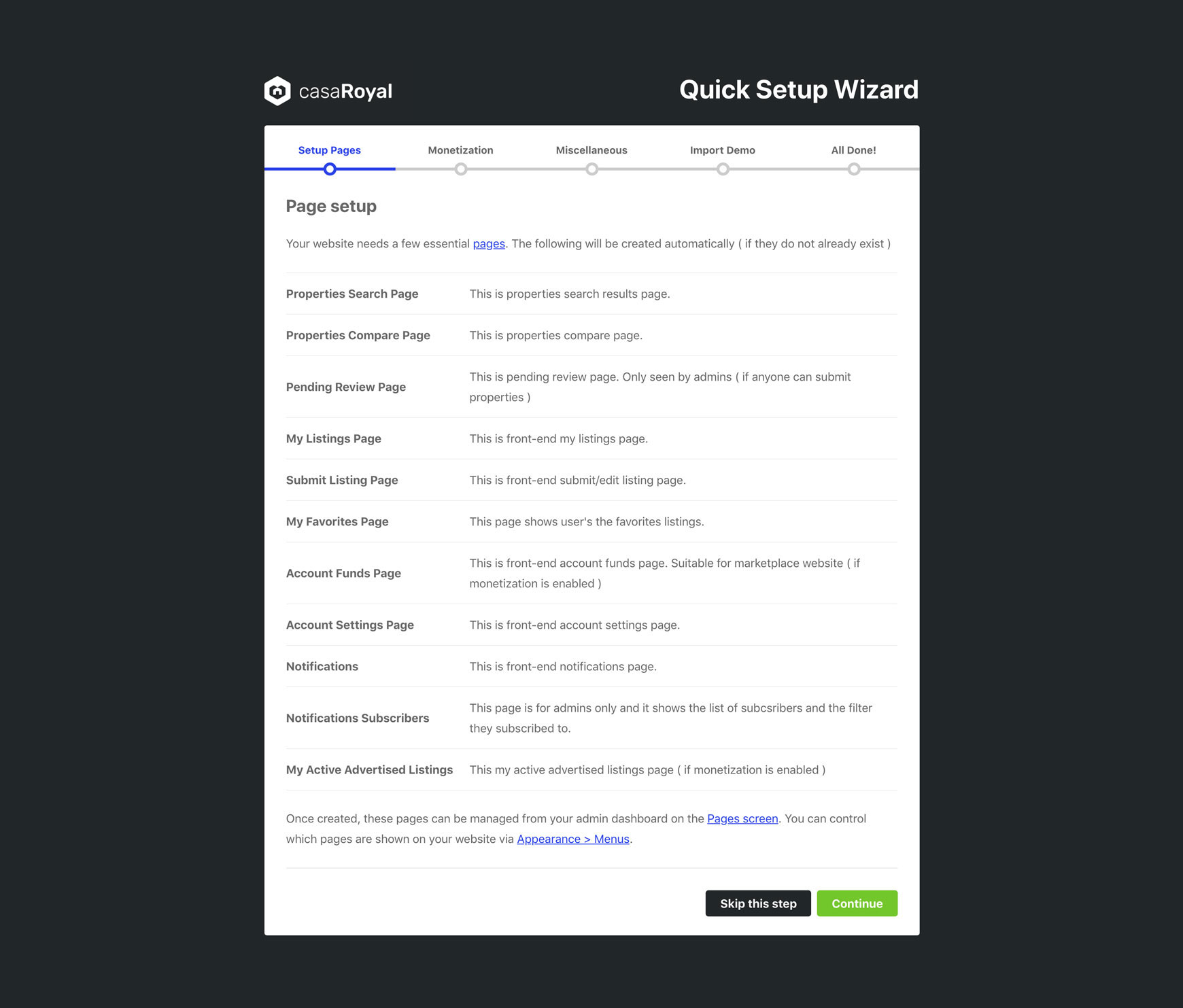 Setup Pages step listing the pages the wizard creates automatically