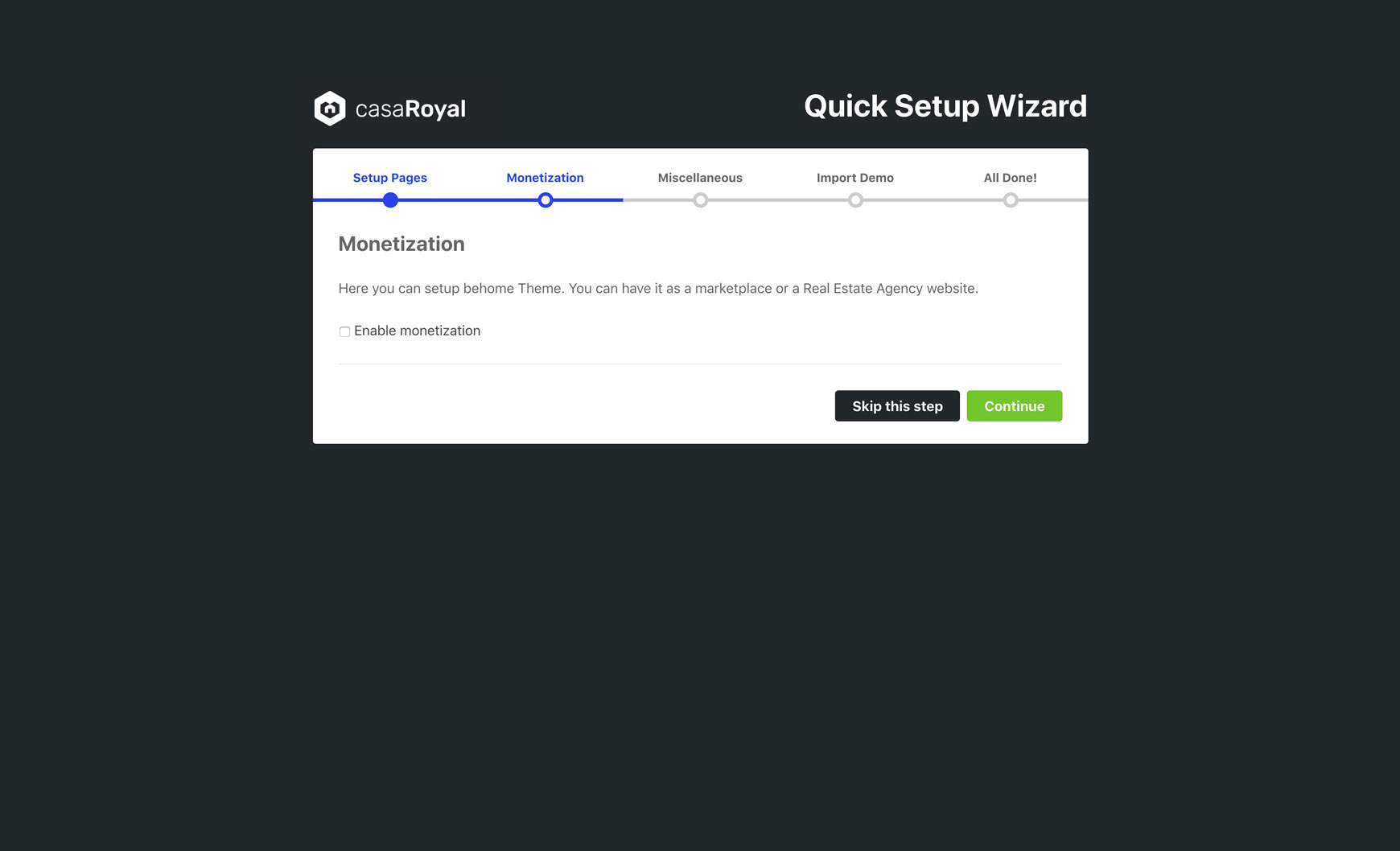 Monetization step with an Enable monetization checkbox