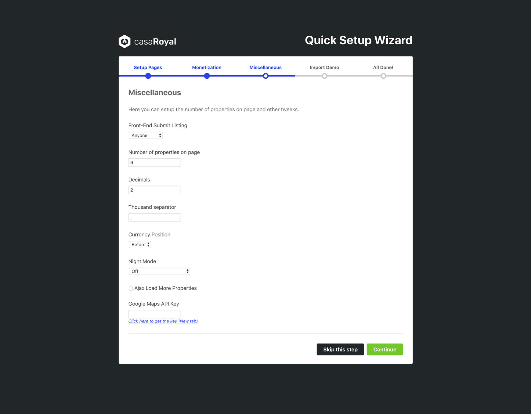 Miscellaneous step with options such as Front-End Submit Listing, Number of properties on page, Decimals, Currency Position and Google Maps API Key