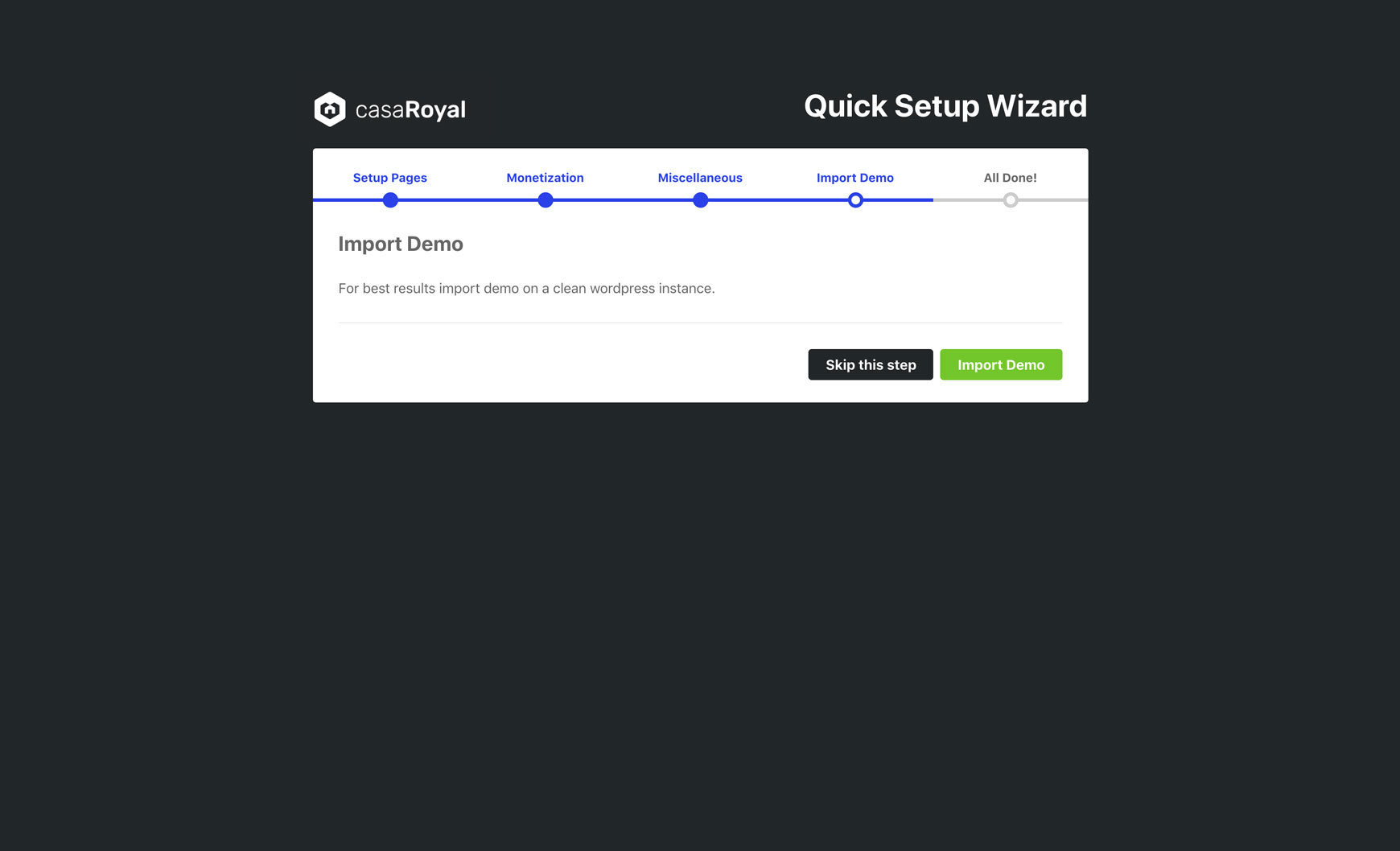 Import Demo step with the Import Demo button