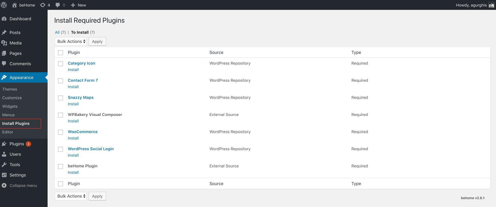 Install Required Plugins screen listing seven plugins, each with an Install link