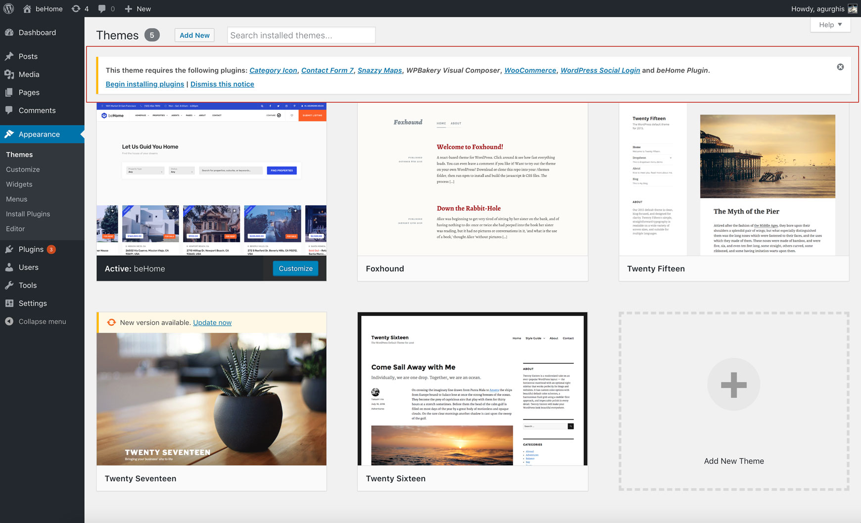 Themes screen with a banner listing the plugins the theme requires and a Begin installing plugins link
