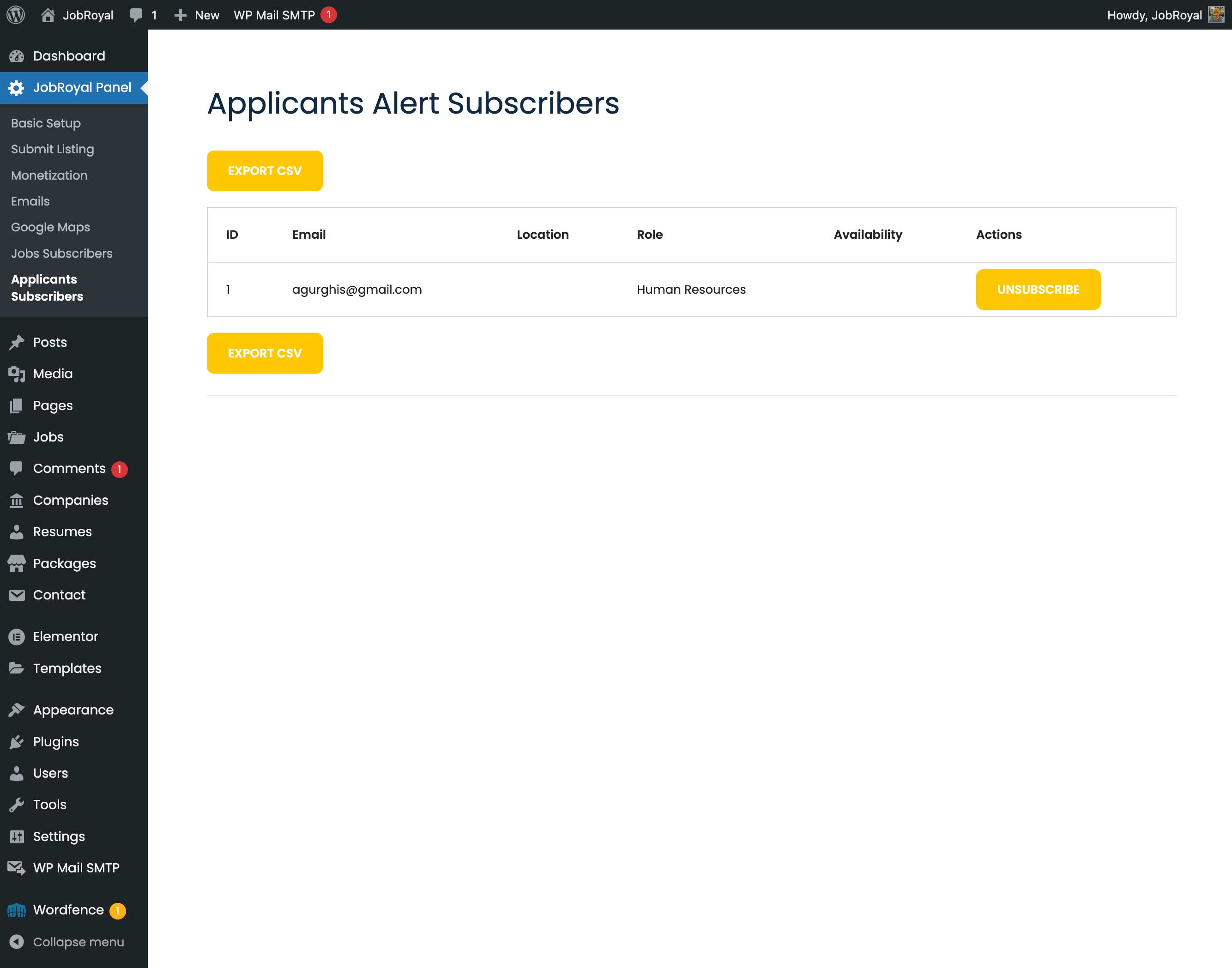 The Applicants Alert Subscribers list with the Export CSV button