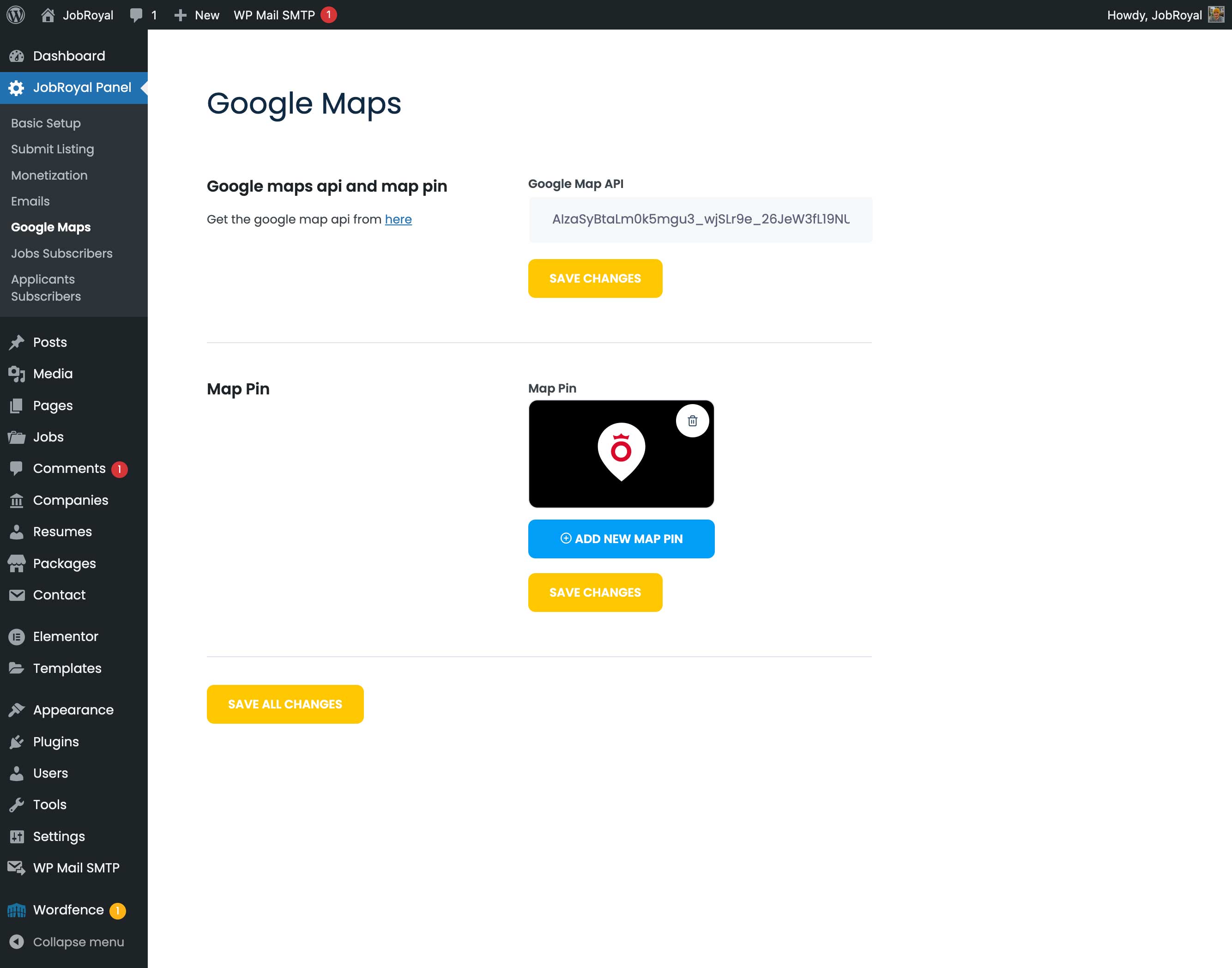 The Google Maps section with the Google Map API field and the Map Pin setting