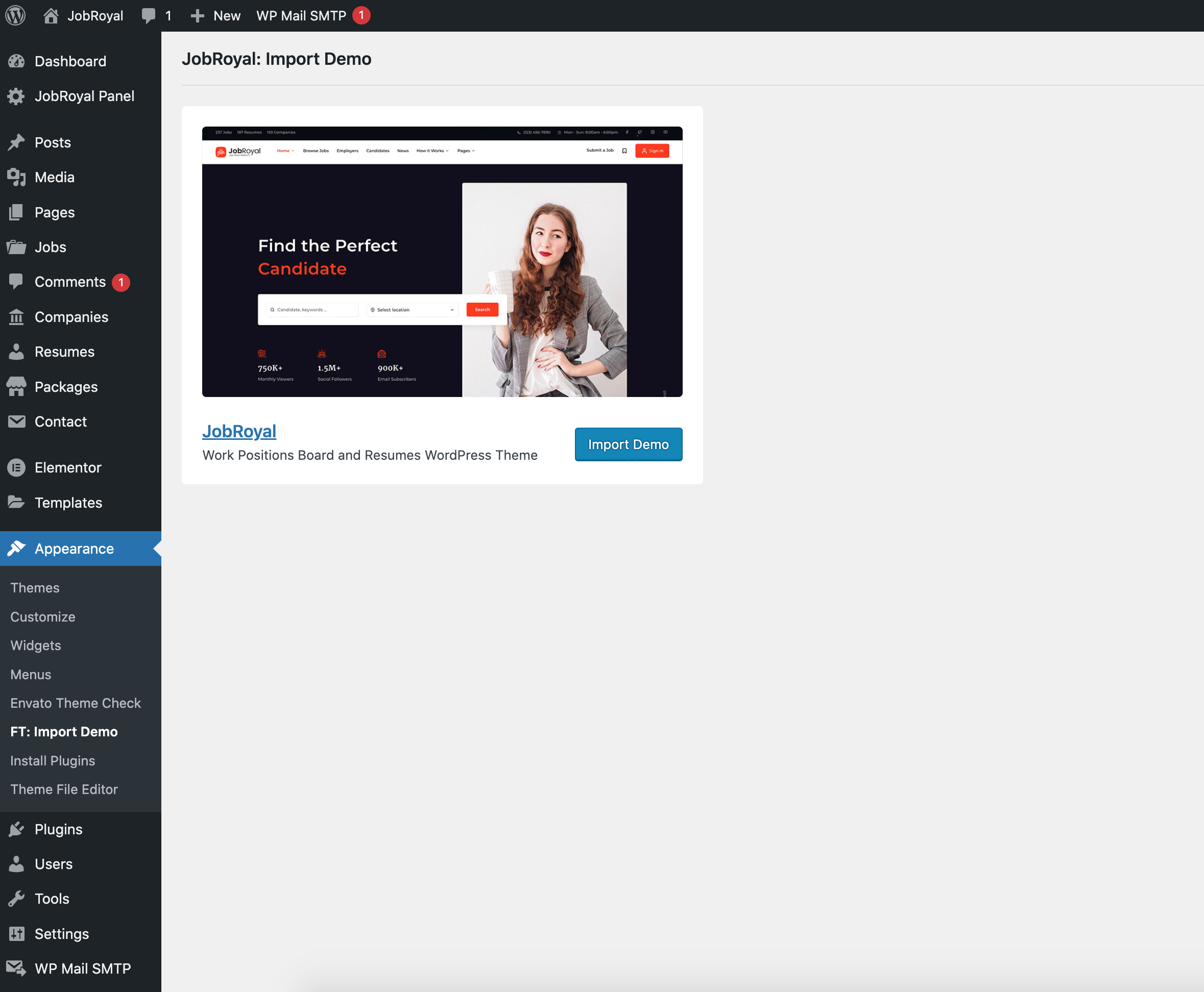The FT: Import Demo screen in the WordPress admin with the JobRoyal demo and its Import Demo button