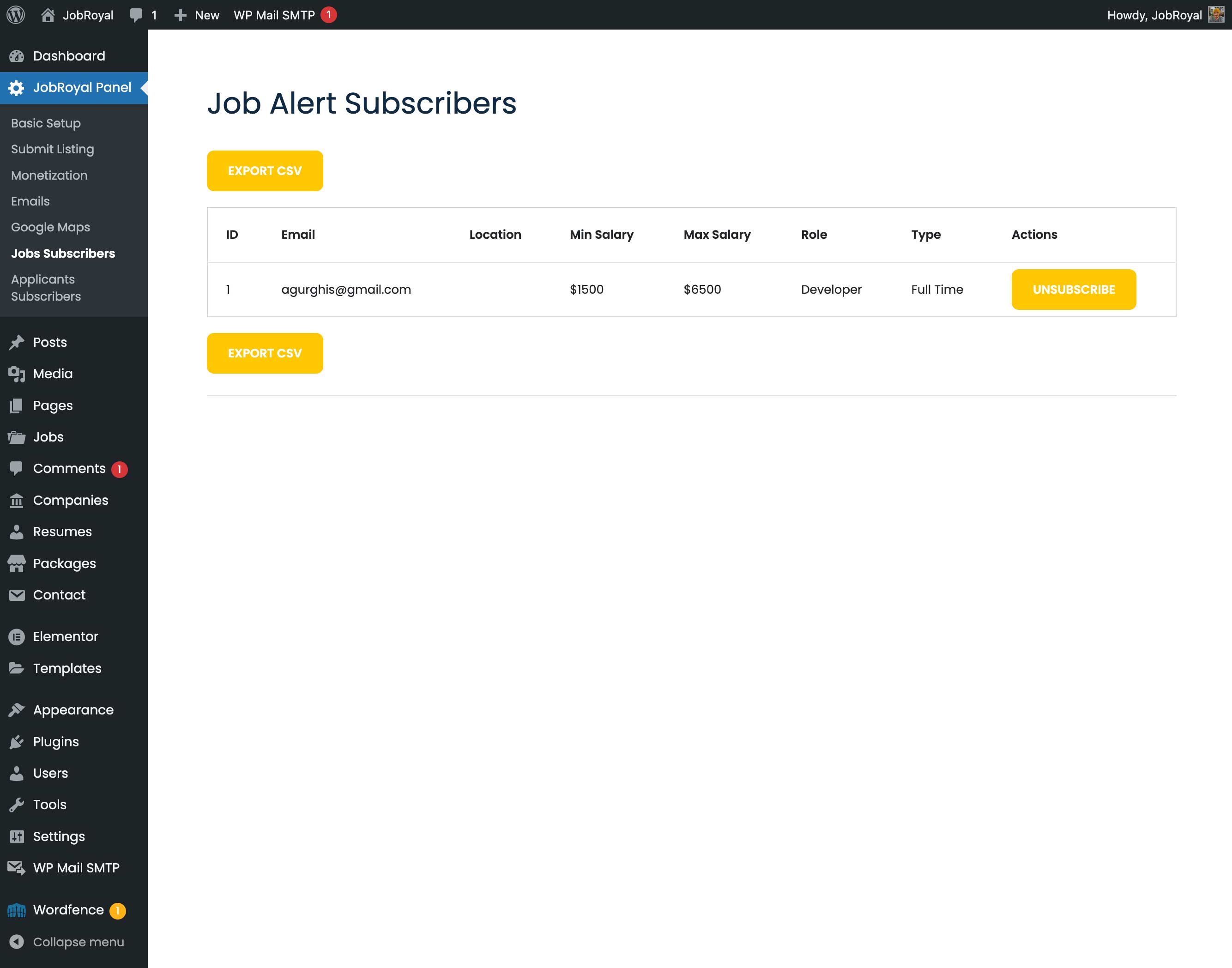 The Job Alert Subscribers list with the Export CSV button