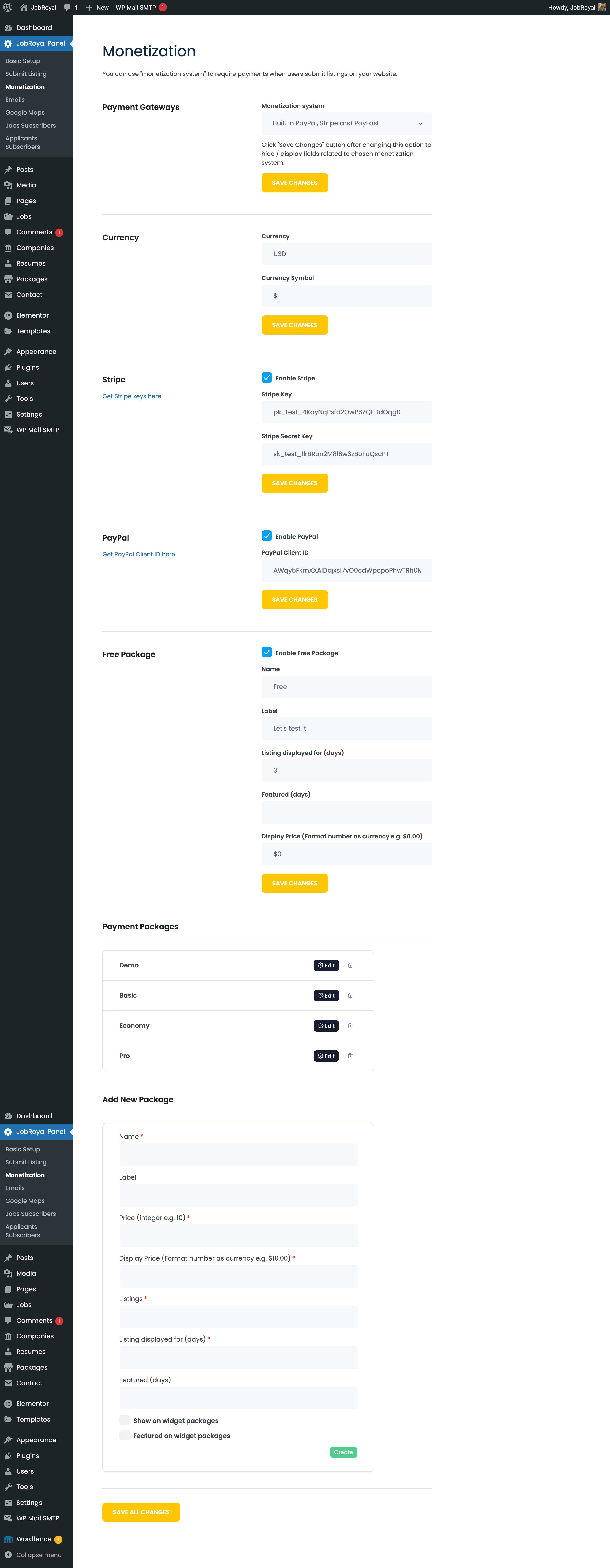 The Monetization section with the payment gateway, currency, Stripe, PayPal, free package and payment package settings