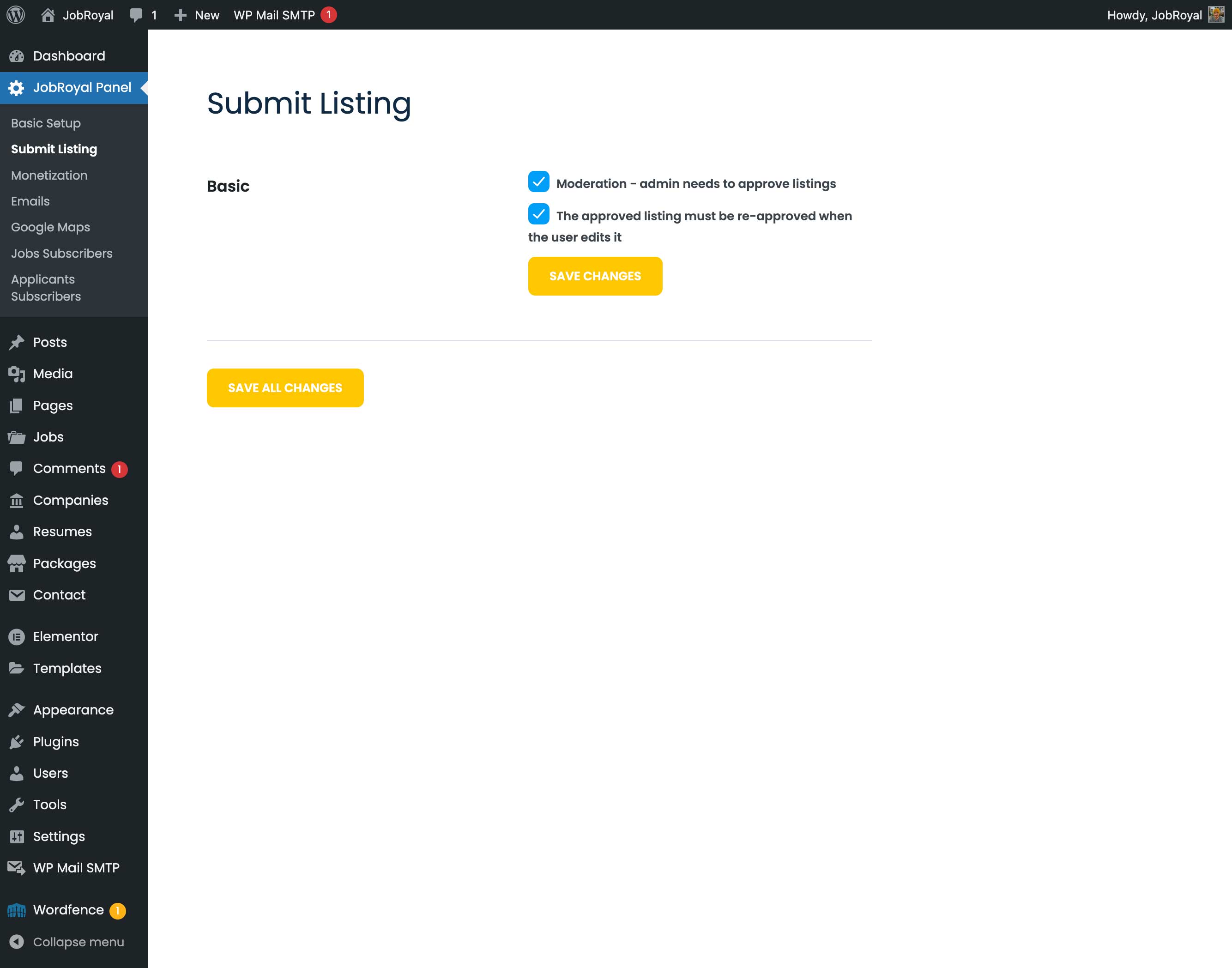 The Submit Listing section with the two moderation options