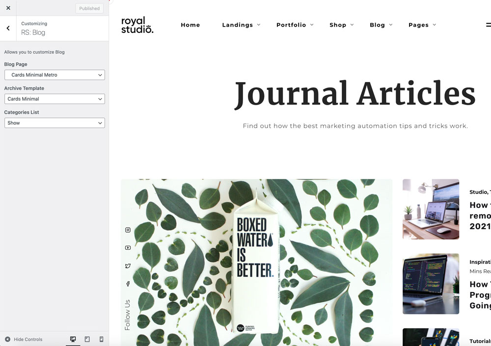The RS: Blog panel with the Blog Page, Archive Template and Categories List settings