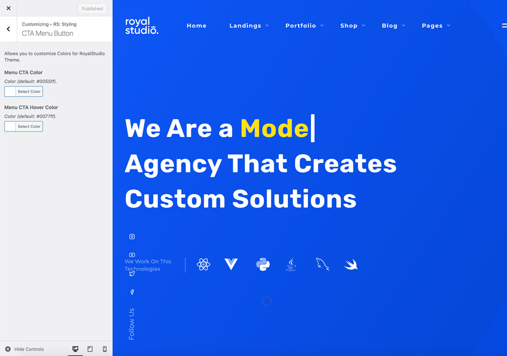 The CTA Menu Button panel with the Menu CTA Color and Menu CTA Hover Color settings