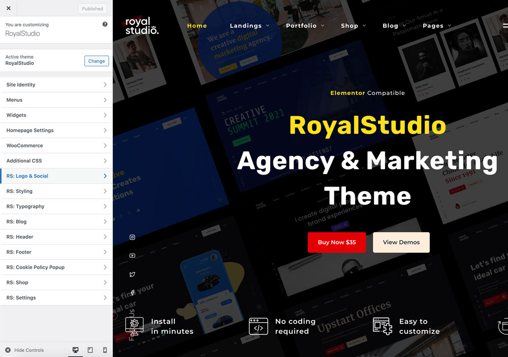 The Customizer sidebar with the RoyalStudio panels, from RS: Logo & Social to RS: Settings